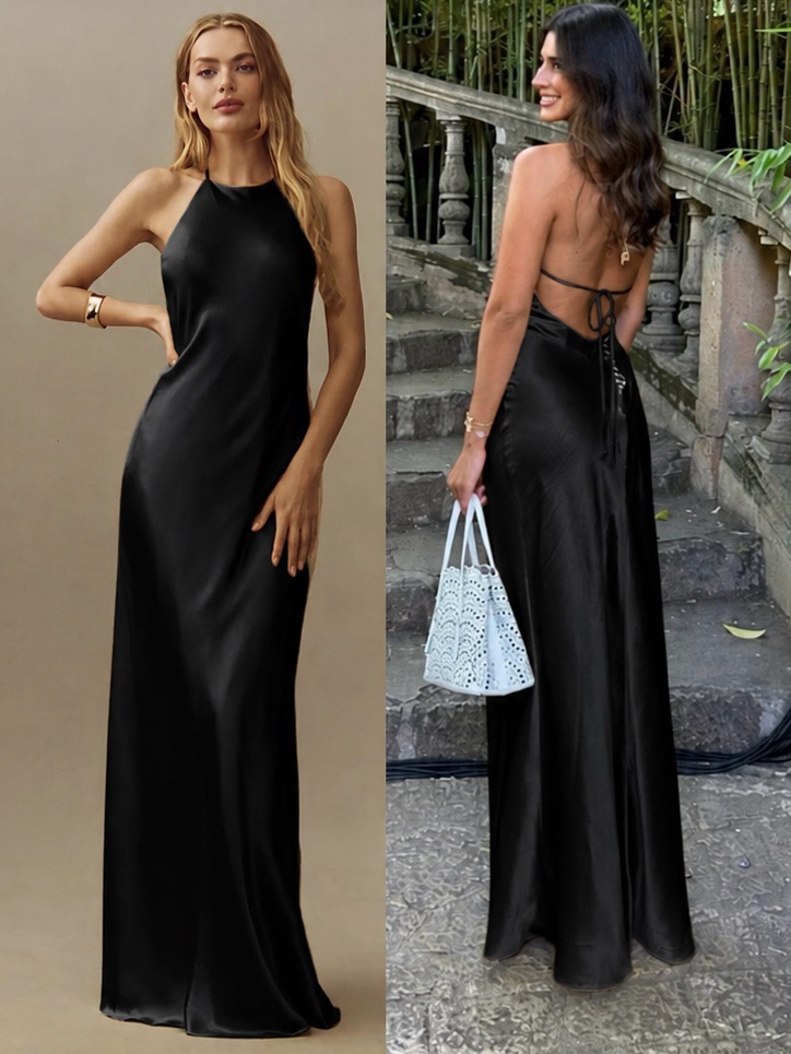 Reformation Jeany Maxi Dress Silk Halter Gown Size Large Black Noir